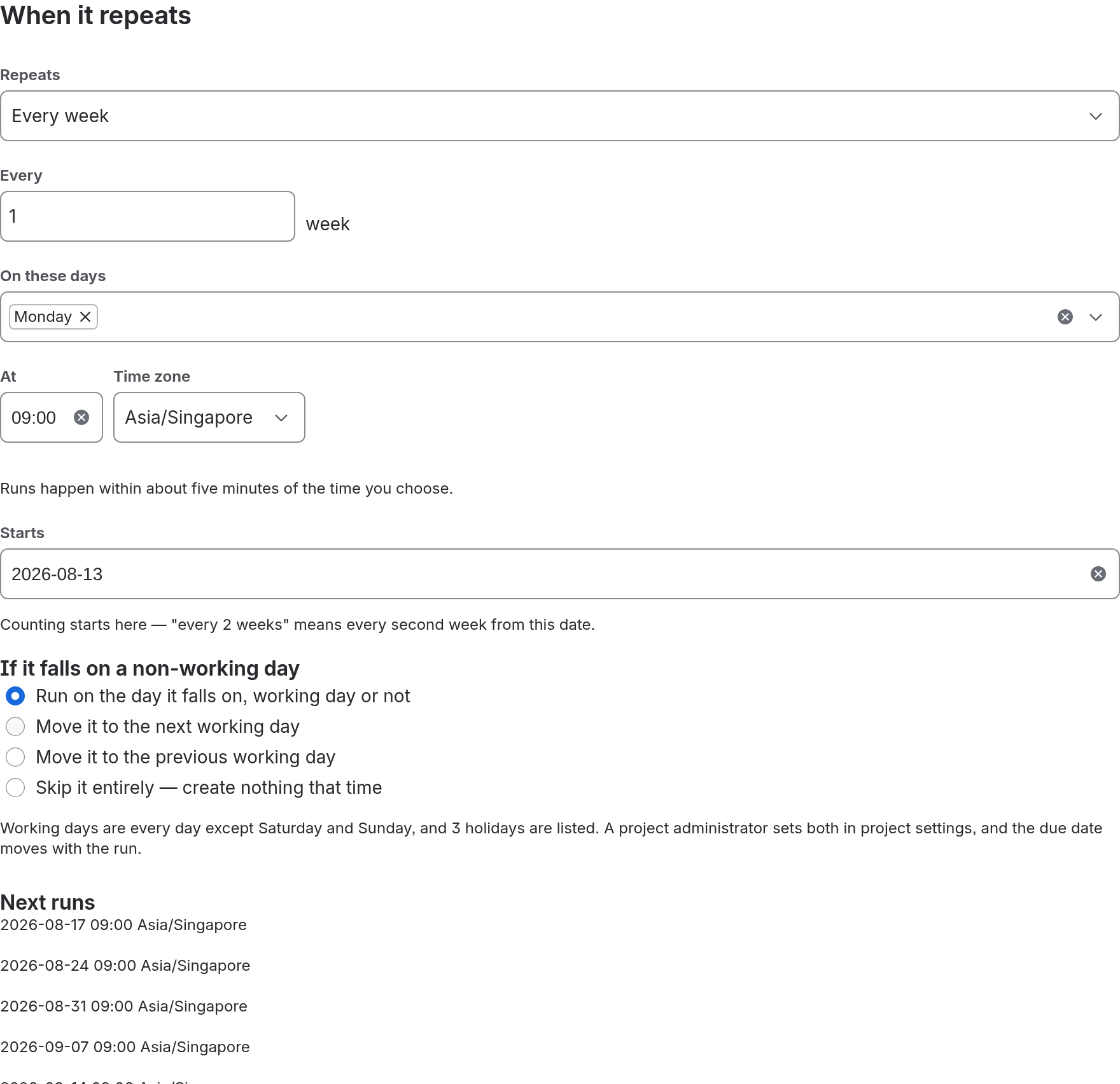 The rule editor's schedule section: Repeats set to Every week, an interval, a weekday multi-select, a time and IANA time zone, a start date, the four non-working-day options, and the live Next runs list beneath.