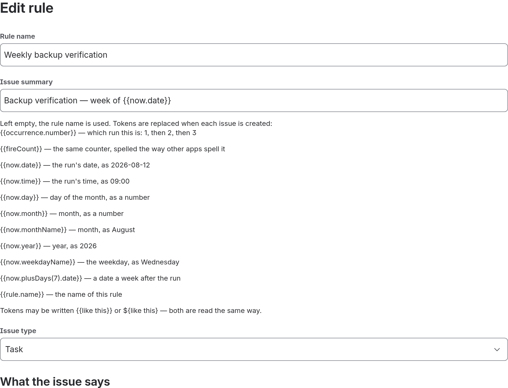 The top of the rule editor: a rule name, an issue summary containing a token, and the full token reference printed beneath the field.