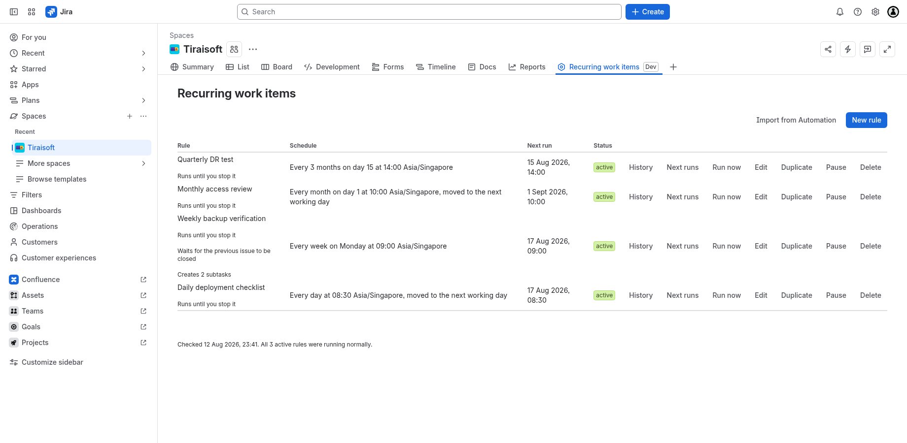 The rules table in a Jira project, listing four recurring rules with their schedules, next run times and health.