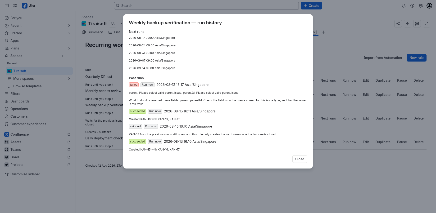 The run history showing a failed run with Jira's own error message and a What to do line beneath it.