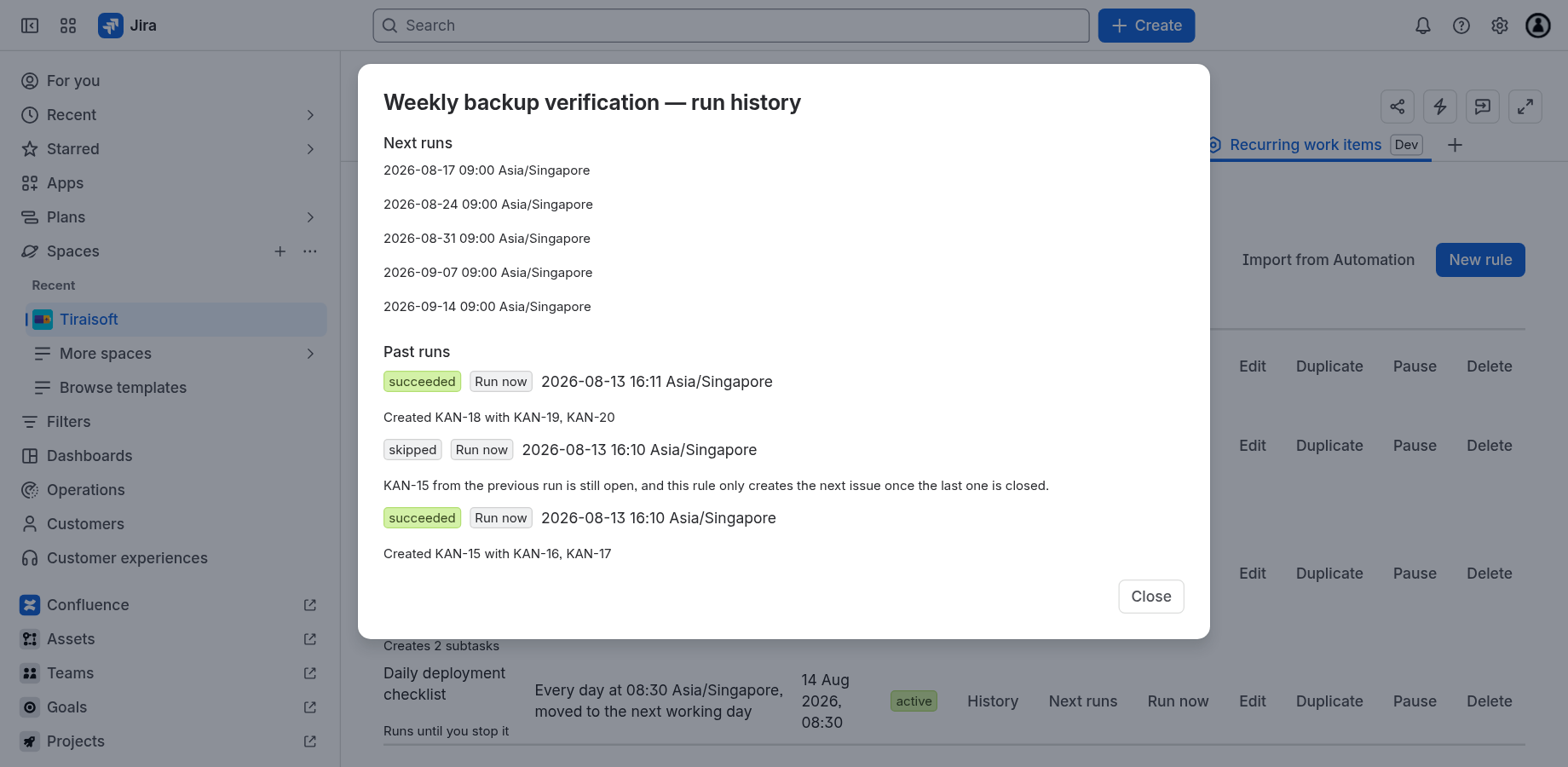 The run history panel for a rule, showing a succeeded run with its issue key, a skipped run, and another success.
